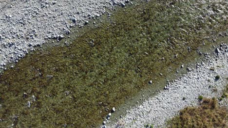 aerial view above clear river flowing over gravel bed