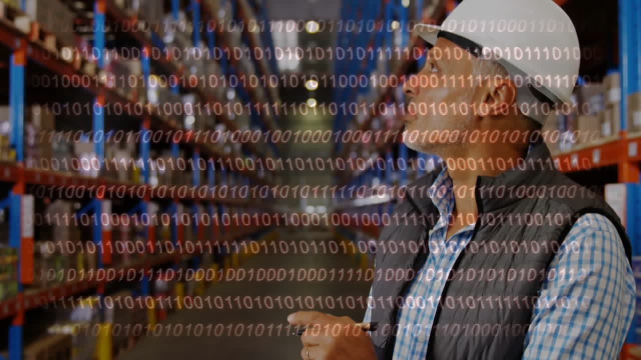 Animation of binary coding over male warehouse worker