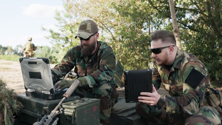 Soldiers belonging to powerful army are preparing strategy to fight surprise enemy enter data into system talk hold tablet dressed in uniforms moro, camouflage, helmets, backpacks, training ground