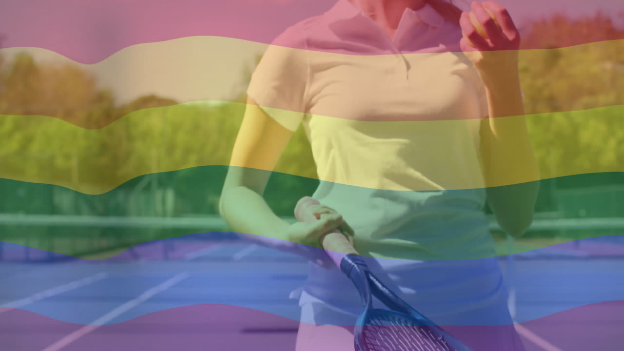 female tennis player holding racket and raising hand on court, showing sports analytics chart