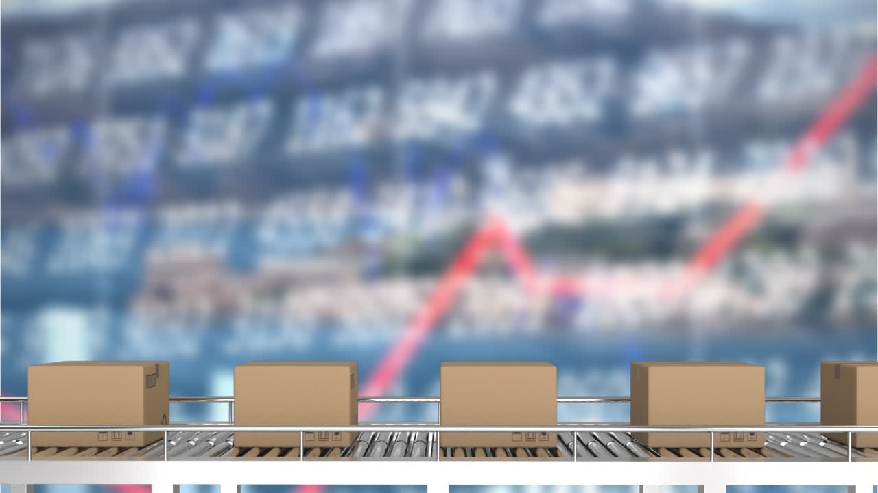 창고에서 컨베이어 벨트에서 움직이는 패키지의 애니메이션