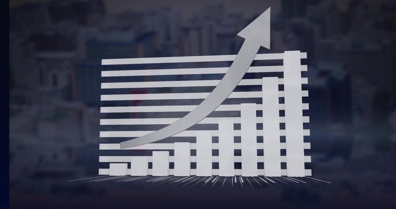 Start block appearing triggers 3D bars sliding and scaling, curved arrow sweeping, showing growth