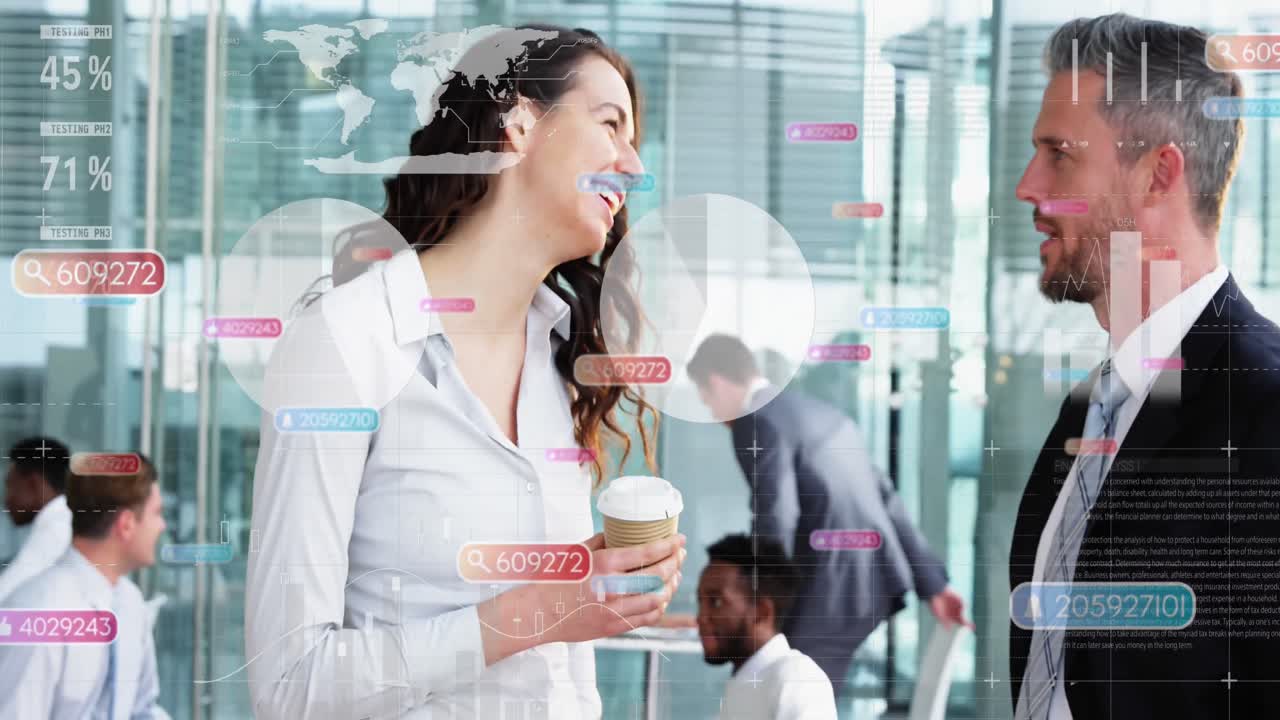 사무실에서 대화하는 쾌활한 백인 동료에 대한 알림 아이콘과 그래프의 애니메이션