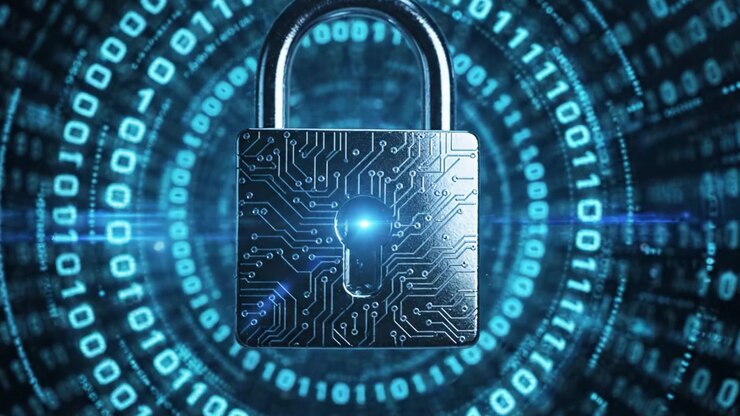 Digital Security: In a world increasingly defined by technology, a locked padlock symbolizes data protection and cybersecurity amidst a backdrop of binary code, representing the essence of encryption.
