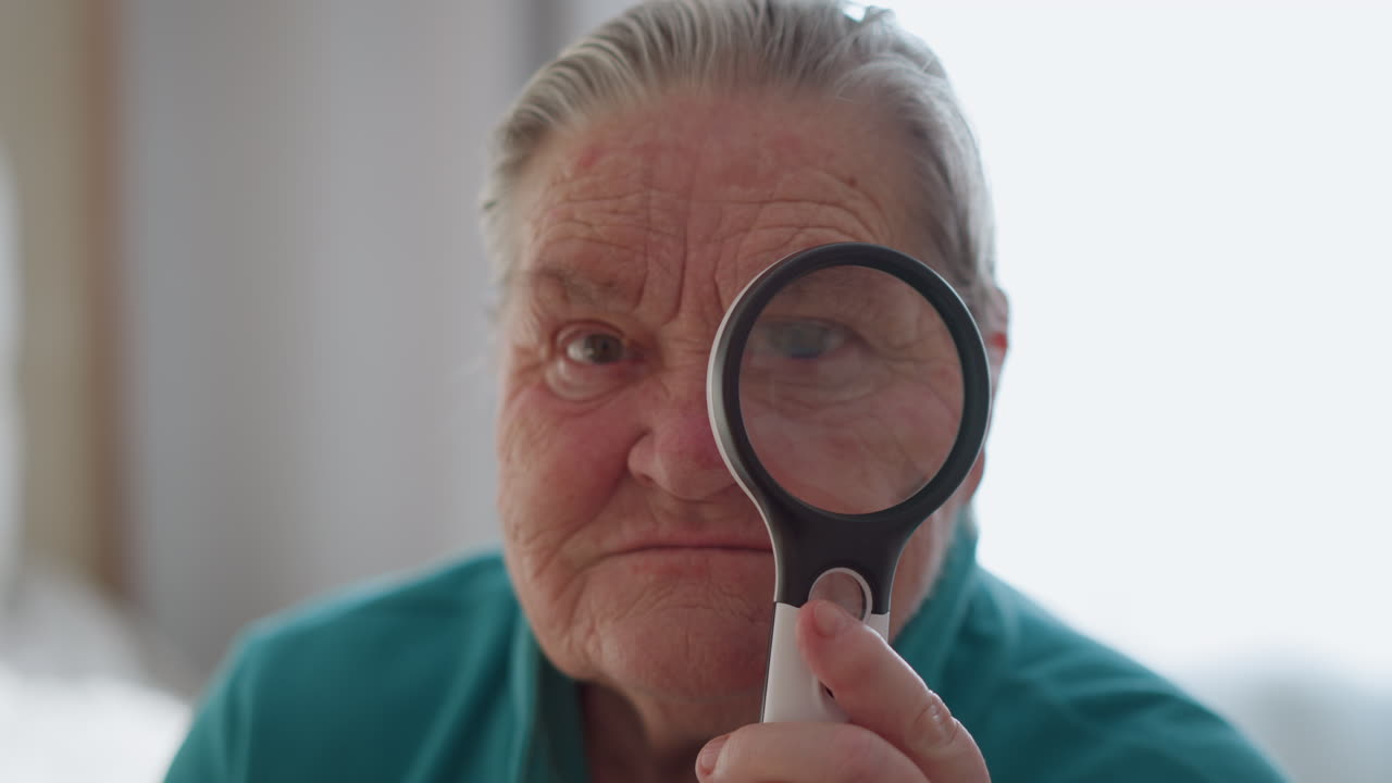 Close-up of elderly woman in green jacket, serious expression, looking directly at camera with focused gaze, sitting indoors in bright room, sunlight streaming in from the window, calm demeanor