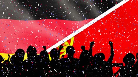 Animation-Von-Konfetti,-Die-über-Silhouettierte-Sportfans-Fällt,-Die-über-Der-Deutschen-Flagge-Feiern