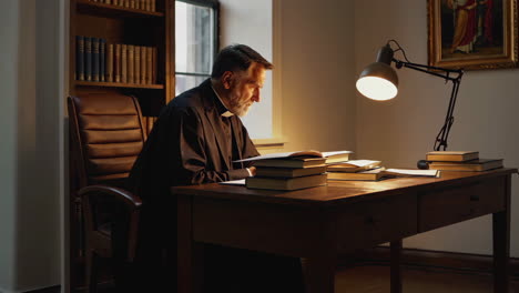 priest reading in a study