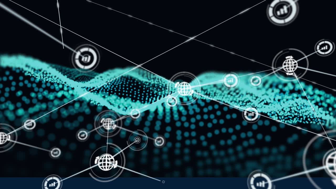 Animation of network of connections with icons over glowing green mesh