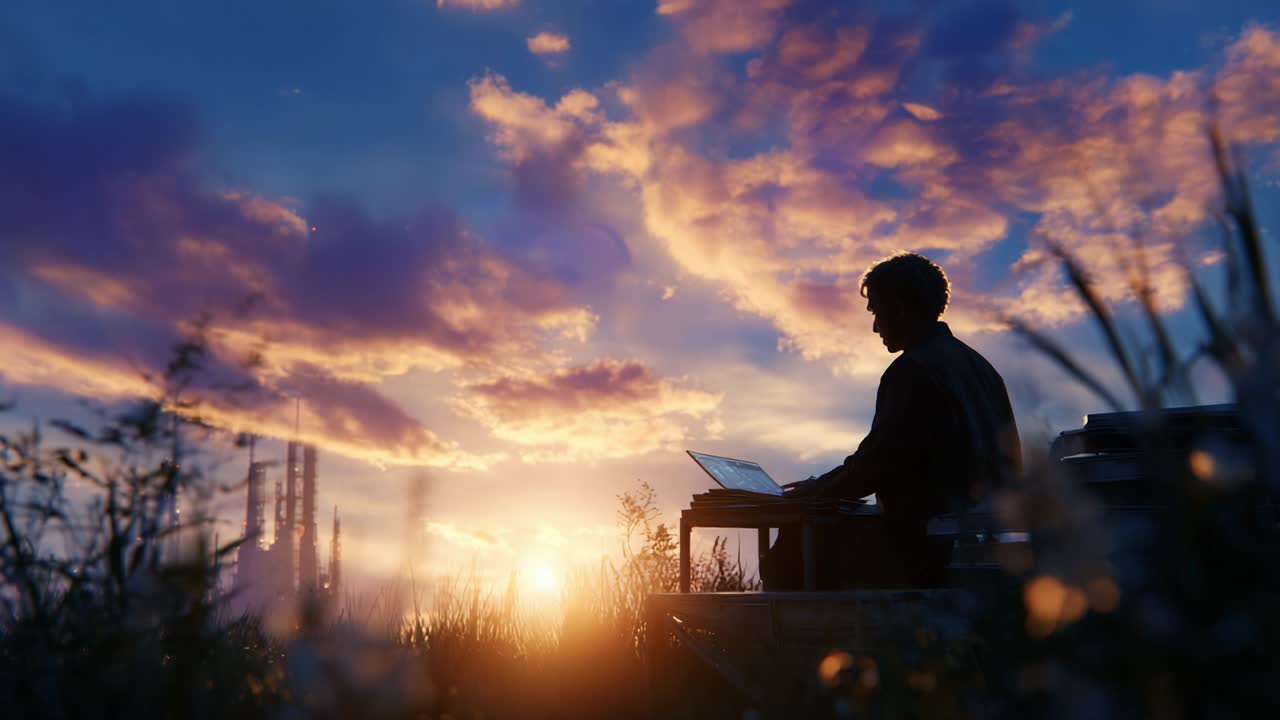 A solitary figure sits against a breathtaking sunset, working on a laptop amidst field grass, embodying tranquility and productivity in the beauty of nature, with silhouettes against the radiant sky