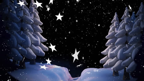 Mehrere-Sternsymbole-Und-Schnee,-Der-über-Bäume-In-Der-Winterlandschaft-Vor-Schwarzem-Hintergrund-Fällt