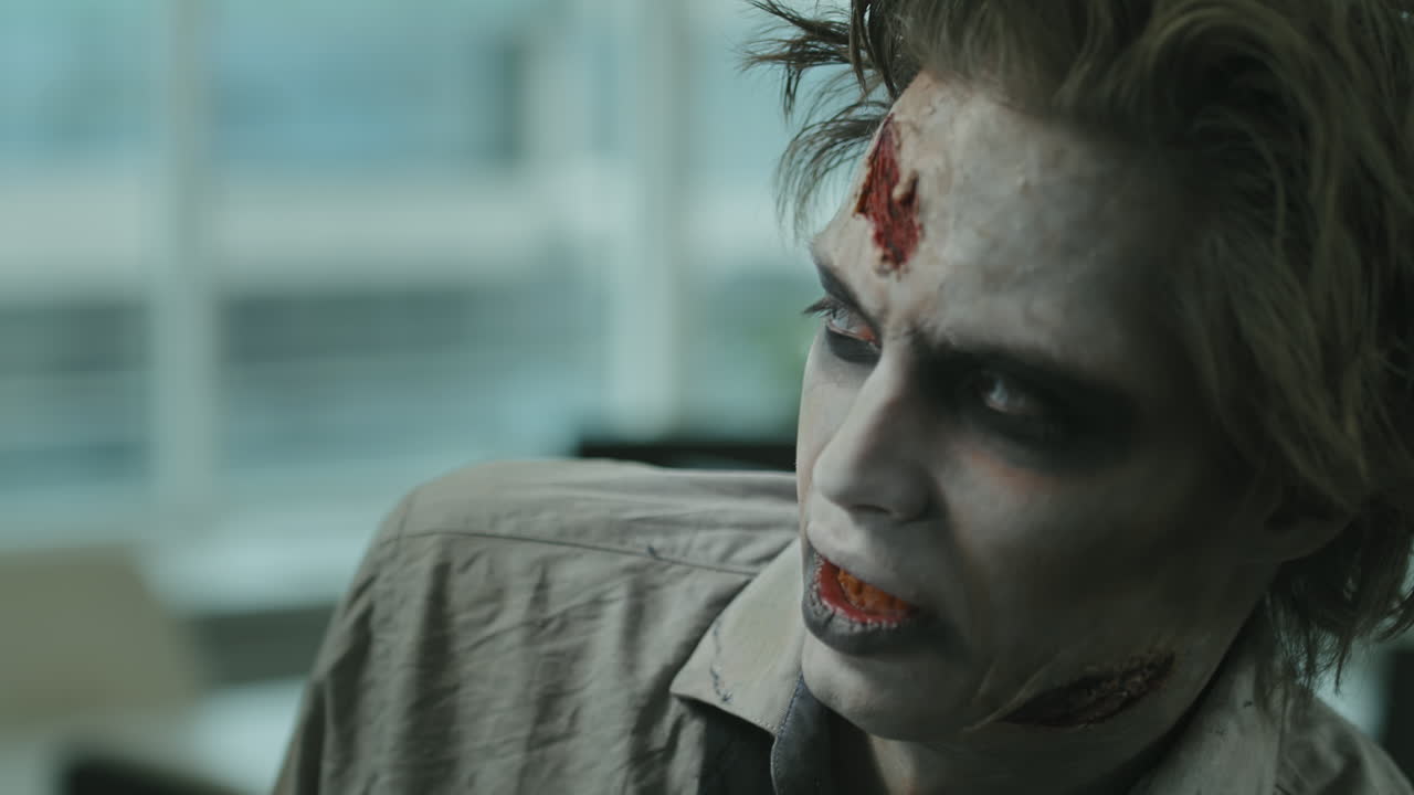 Close Up of Zombie Man Twitching and Looking Around