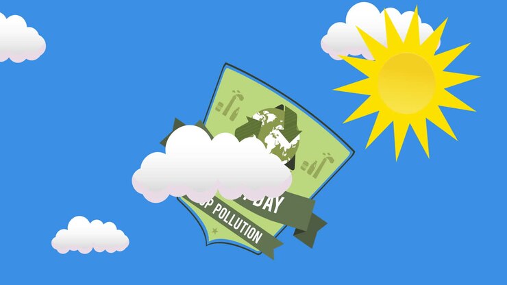 Animation af tekst om Jordens Dag og økologi samt globalt genbrugslogo på blå baggrund