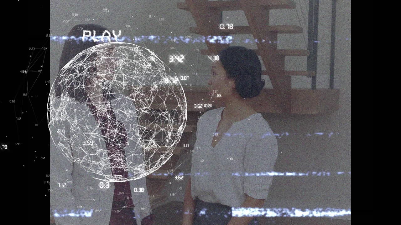 animación de la pantalla de reproducción con datos de procesamiento de red global y colegas que trabajan en la oficina