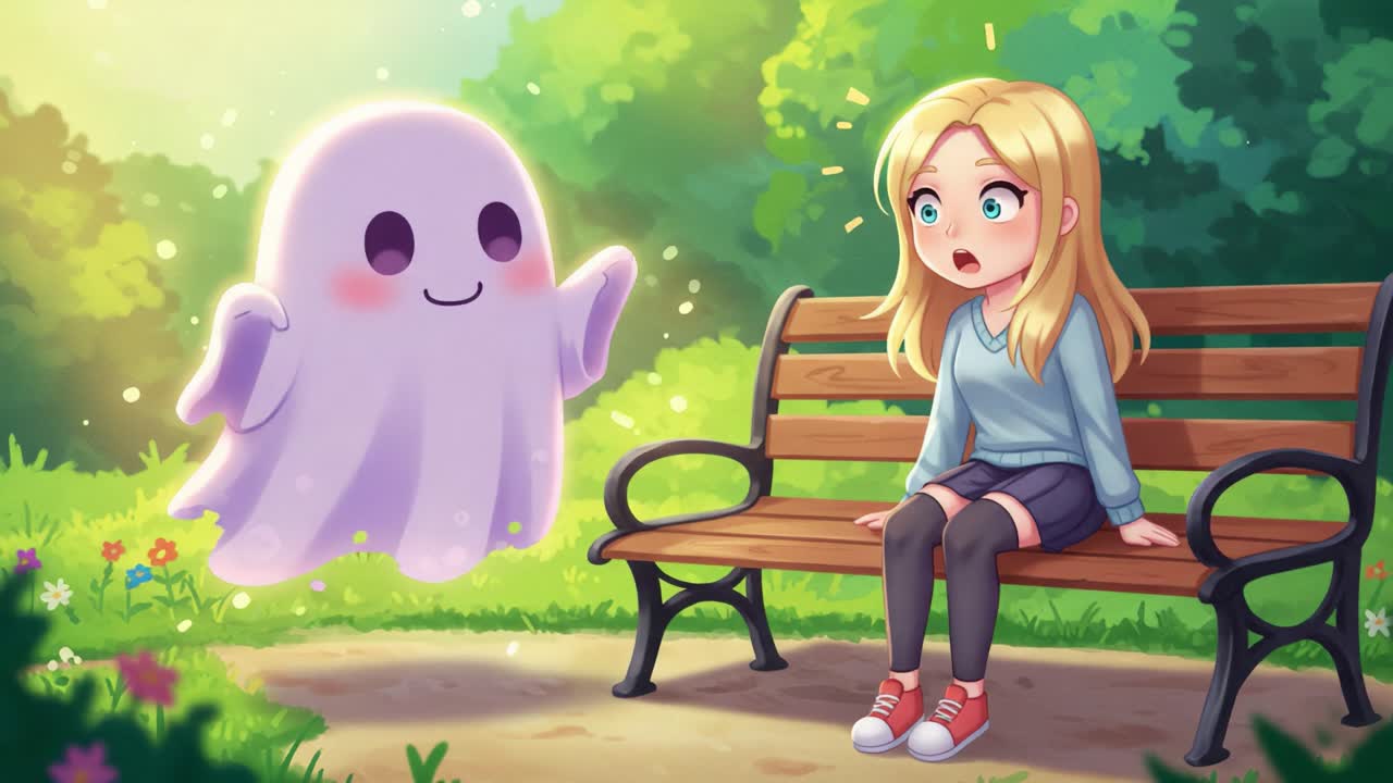A Surprising Encounter: A Charming Ghost and a Young Girl Share a Heartwarming Moment on a Park Bench in a Bright, Colorful Setting