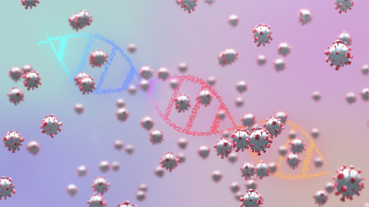 보라색 배경에 회전하는 코로나 19 세포와 dna 가닥의 애니메이션