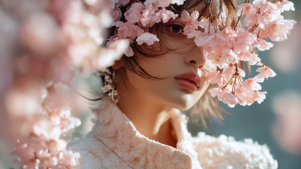 A Captivating Portrait of a Young Woman Surrounded by Cherry Blossoms, Evoking a Sense of Beauty, Serenity, and Natural Elegance Amidst Delicate Floral Details