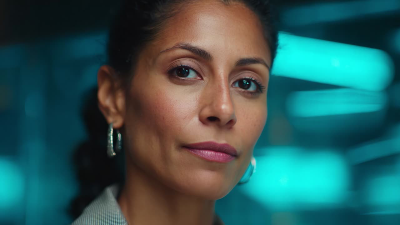 Captivating Close-Up of Confident Woman with Striking Features, Mysterious Expression, and Distinctive Style Under Neon Lighting, Showcasing Contemporary Urban Lifestyle and Elegance