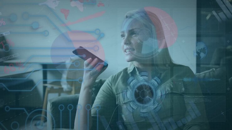 Animation of statistics and data processing over woman using smartphone at home