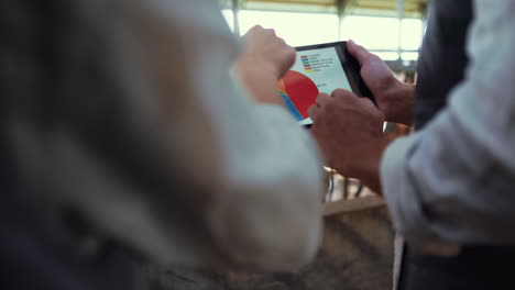 Hands-swiping-tablet-chart-in-cowshed-closeup.-Farmers-discussing-data-diagram