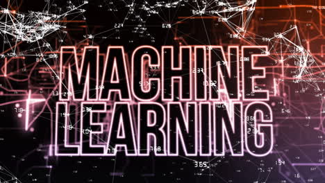 animation of machine learning text over data processing on black background