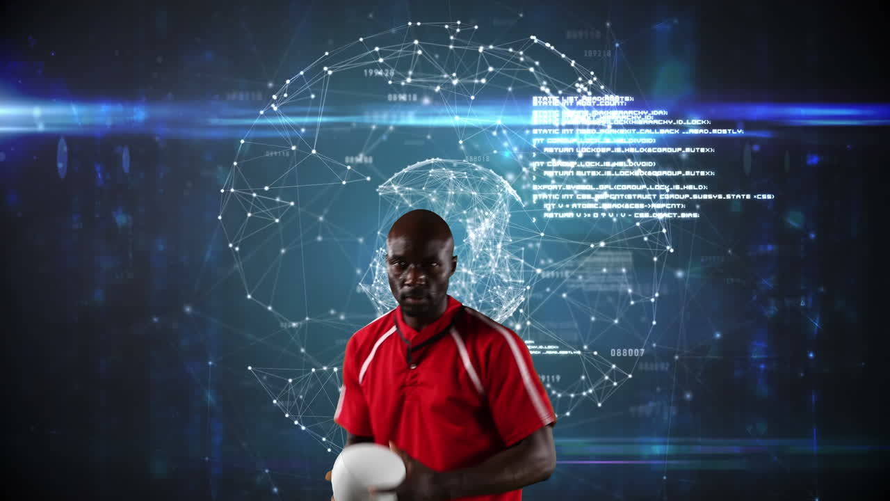 Animation of african american rugby player over globe and network of connections