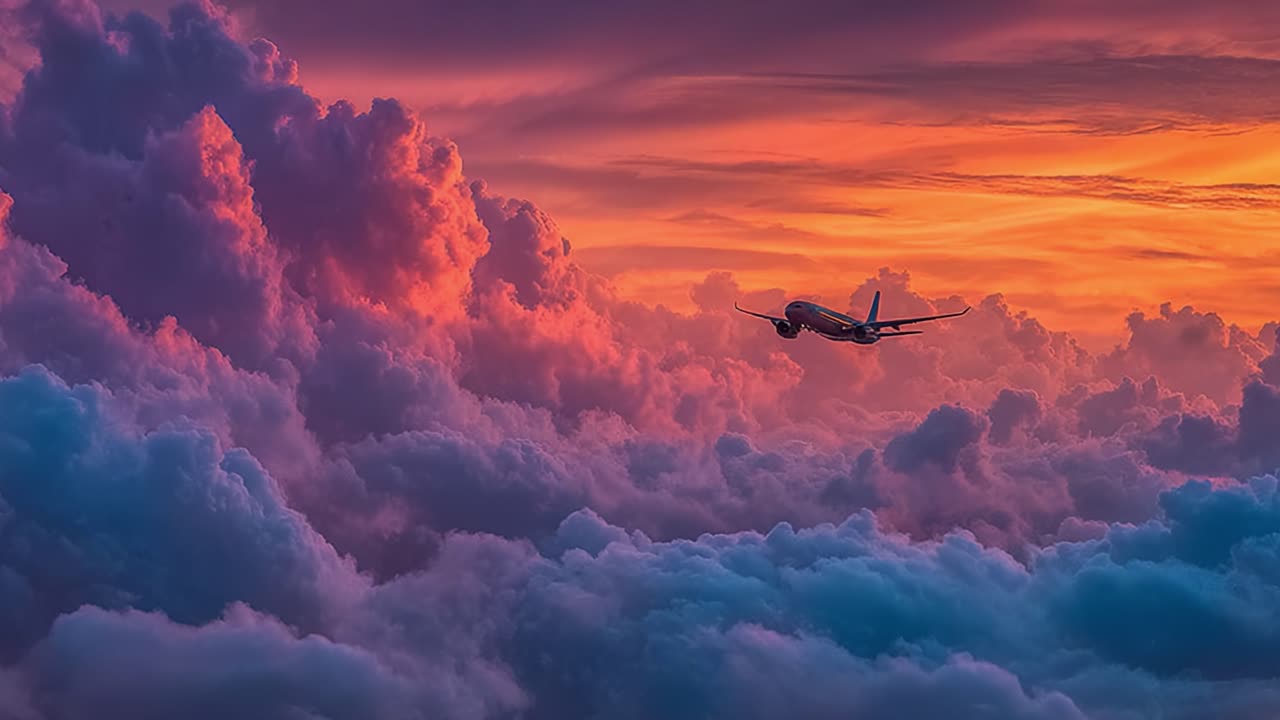 A Stunning Sunset Flight Over Majestic Clouds: An Airplane Gliding Through Vibrant Skies with Fiery Hues Reflecting on Ample Cloudscapes
