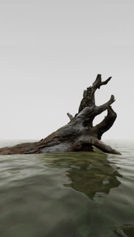a dead tree trunk in a foggy lake