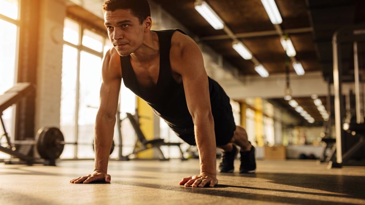 Performing man in black tank from high plank, lowering, pressing on gym floor training, weight rack