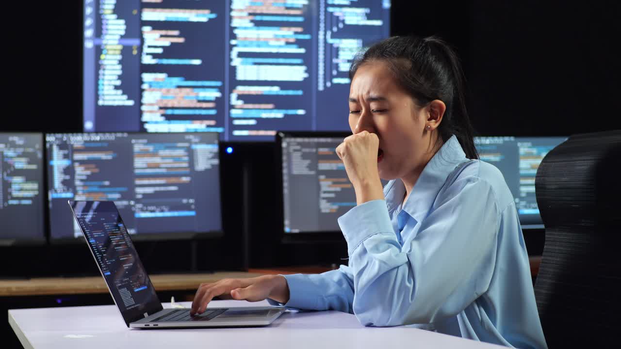 Side View Of Asian Female Programmer Yawning While Writing Code By A Laptop Using Multiple Monitors Showing Database On Terminal Window Desktops In The Office