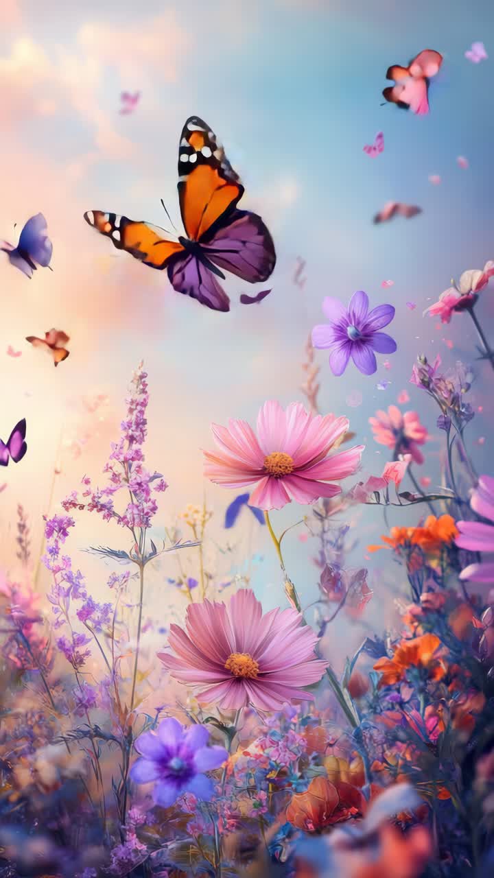 A dreamy, low-angle video concept of vibrant butterflies fluttering over colorful wildflowers