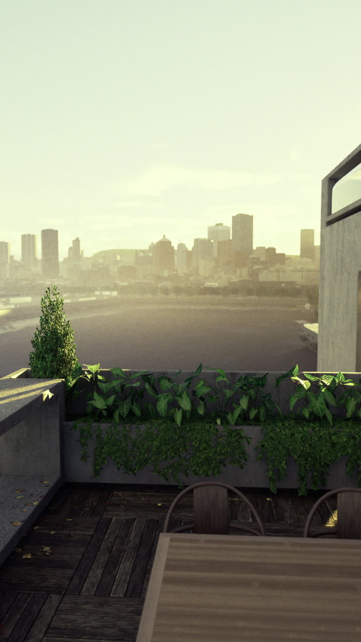 Urban balcony view with plants overlooking city skyline at sunset