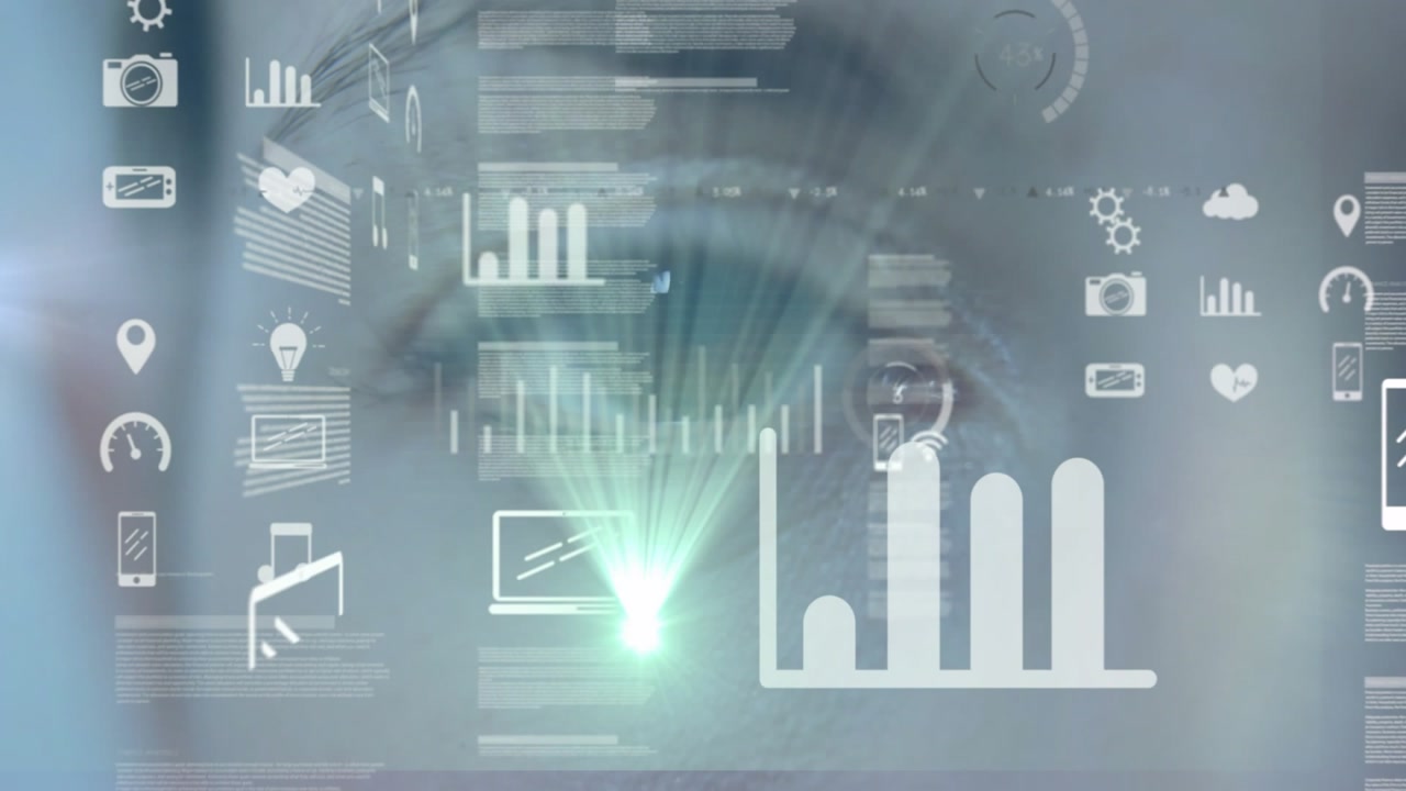 Eye viewing AR interface in lab with pulsing radar rings, scanning bar chart and line graph