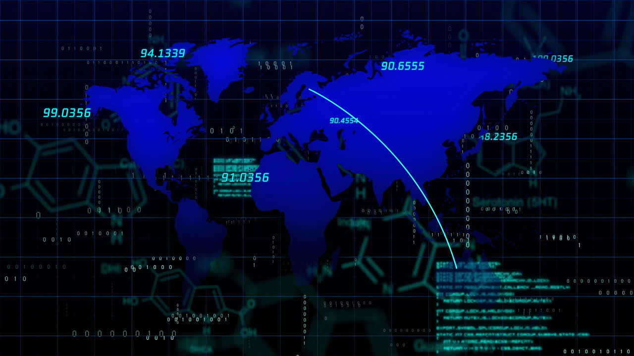 세계 지도를 통해 디지털 데이터 처리의 애니메이션