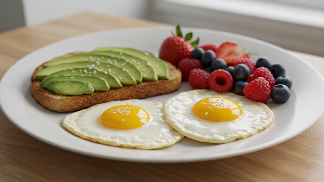 Deliciously Plated Breakfast Featuring Sunny-Side Up Eggs, Avocado Toast, and a Colorful Array of Fresh Berries for a Nutritious Start to Your Day