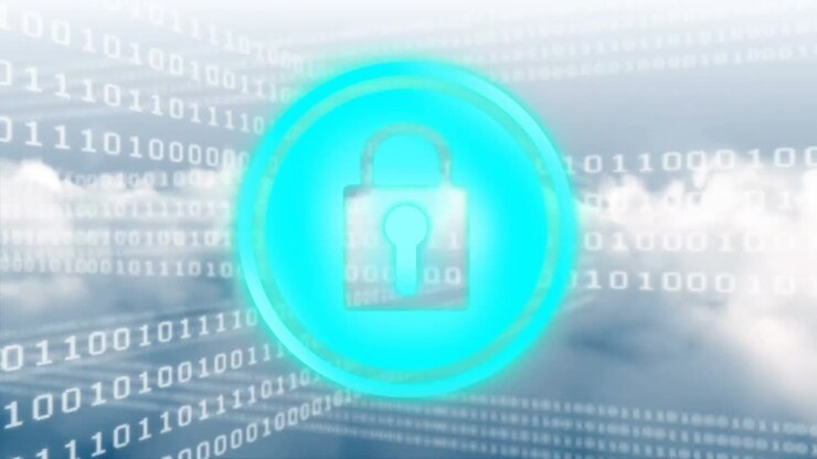 Animation of binary coding and online security padlock over cloud background