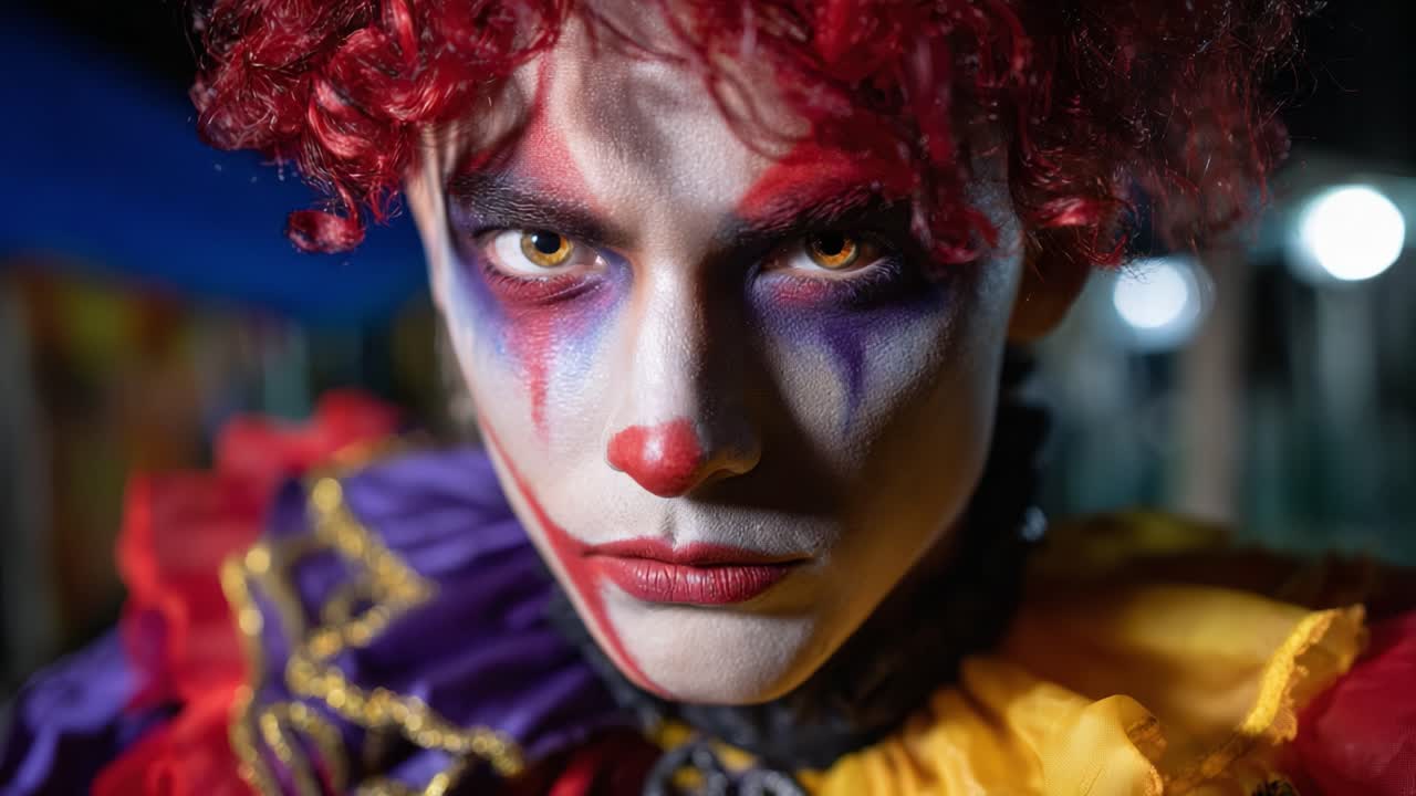 Intense Portrait of a Colorful Clown with Dramatic Makeup and Expressive Eyes Captured in a Close-Up Shot Highlighting His Vivid Appearance and Emotions
