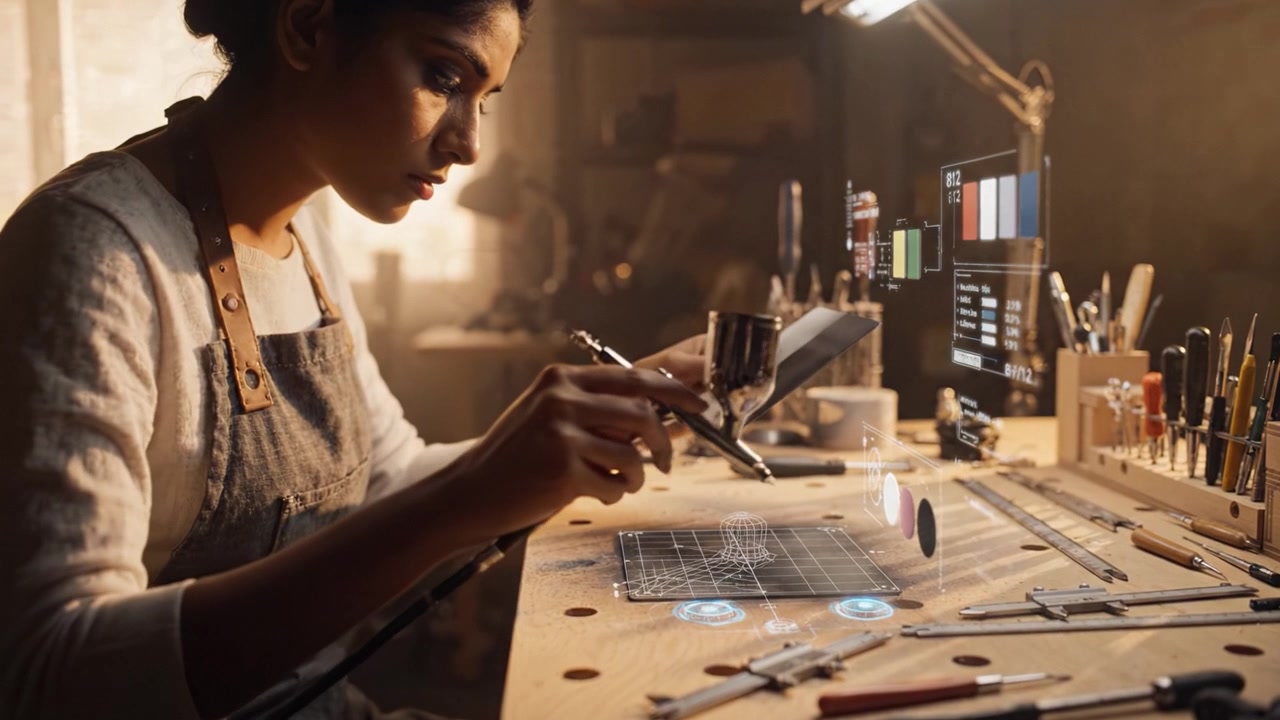 Artist at Work: A Skilled Craftsperson Using Airbrush Techniques in a Well-Equipped Workshop, Focusing on Precision and Detail in Creative Projects