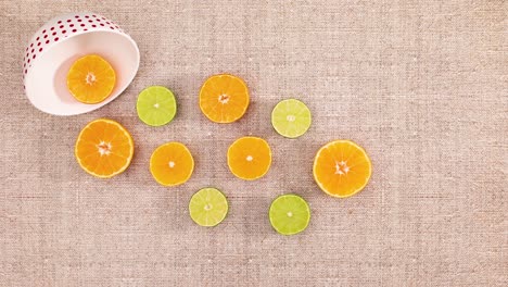sliced citrus orange and limes move next to white bowl. stop motion
