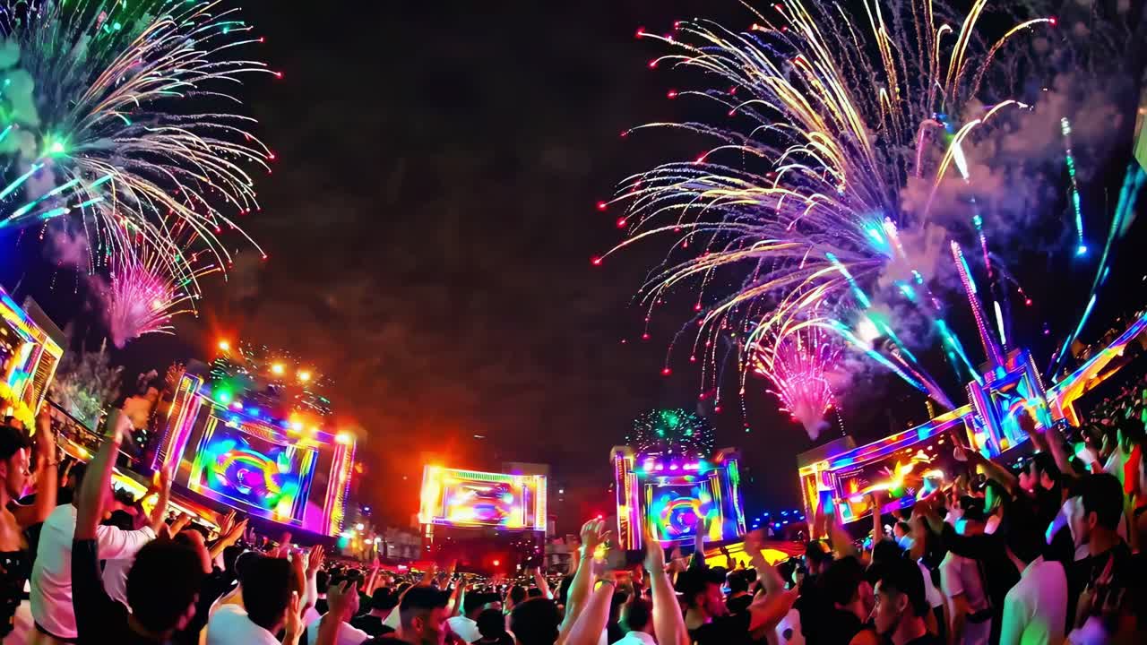 Colorful fireworks light up the night sky above a large crowd of people enjoying a music festival, creating a vibrant and celebratory atmosphere