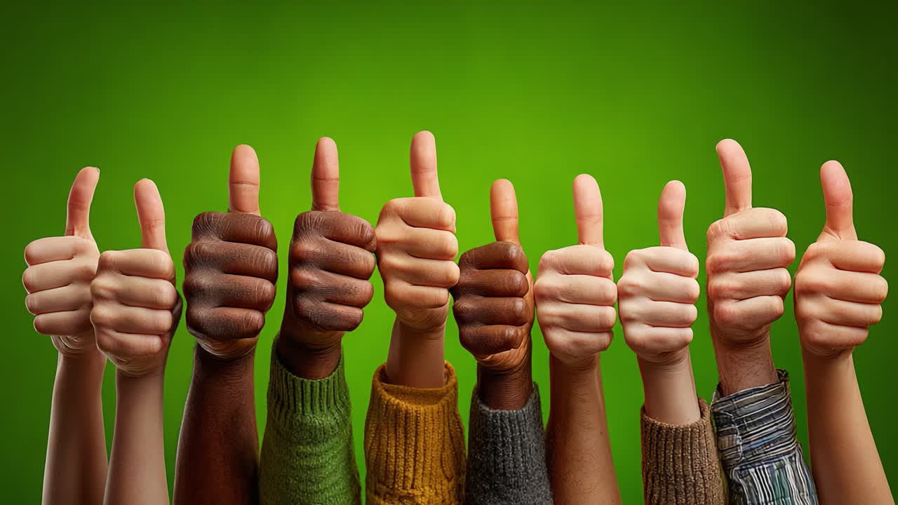 Una muestra colorida de unidad: múltiples manos levantando el pulgar sobre un vibrante fondo verde, celebrando el positivismo y el apoyo