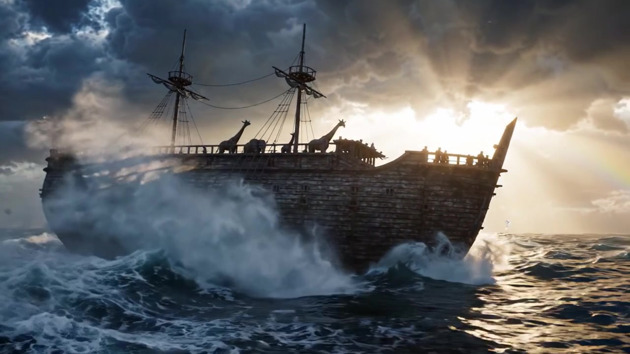 Et majestetisk skip navigerer gjennom stormfullt farvann, opplyst av strålende solstråler som bryter gjennom mørke skyer, og skaper en dramatisk og fengslende scene av eventyr og oppdagelse