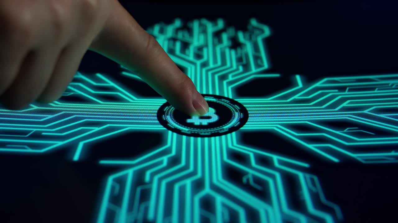 Human Finger Pushes Touch Bitcoin Digital Currency With Futuristic Artificial Intelligence Spreading Through Internet. Visualization Of Machine Learning, Computer Technology, Neural Network