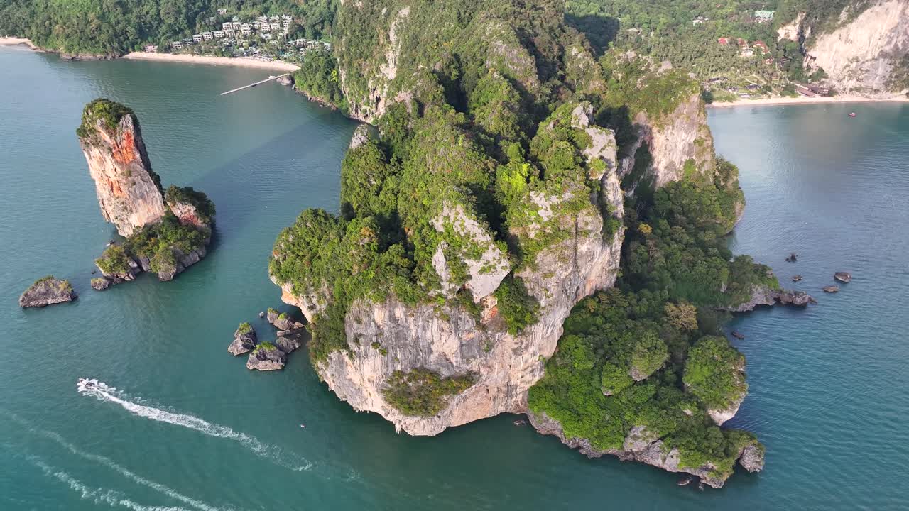 Rocky mountains on the Krabi shore with tropical climate. Aerial Ao Nang, Thailand