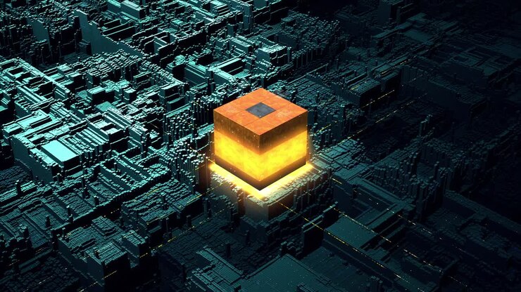 Nucleo del sistema attivato da chiave crittografata. Animazione 3D di Data Mining