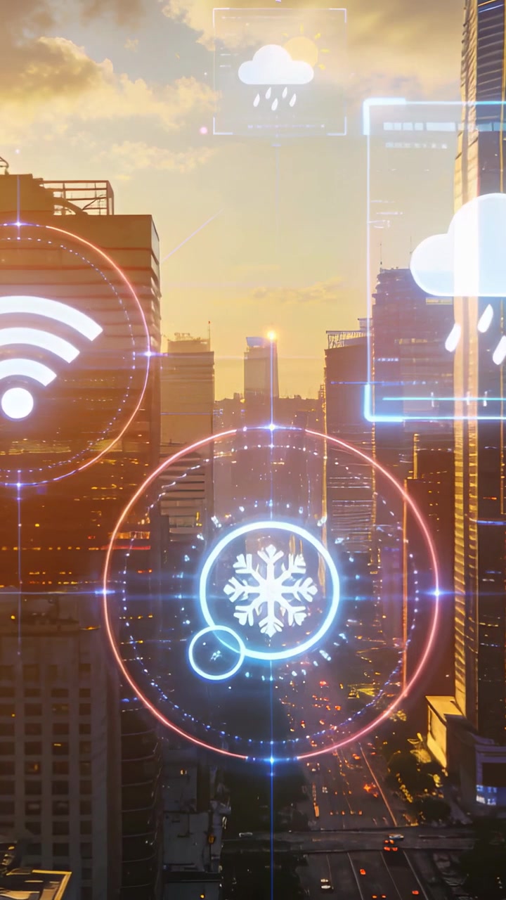 Vertical video: Appearing holo UI pulsing morphing to snow icon over city street showing wifi cloud