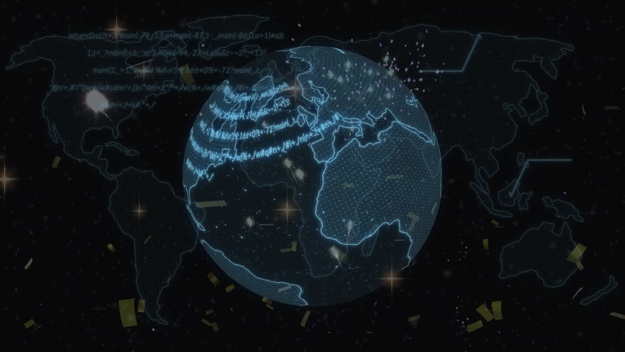 여러 개의 별 아이콘과 데이터 처리는 배경에  ⁇ 나무에 대해 회전하는 지구를 통해