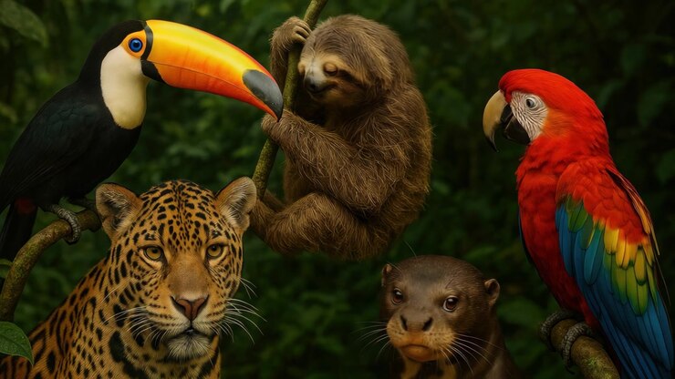 Fauna vibrante de la Selva Amazónica: Tucán, Perezoso, Jaguar, Guacamayo, Nutria