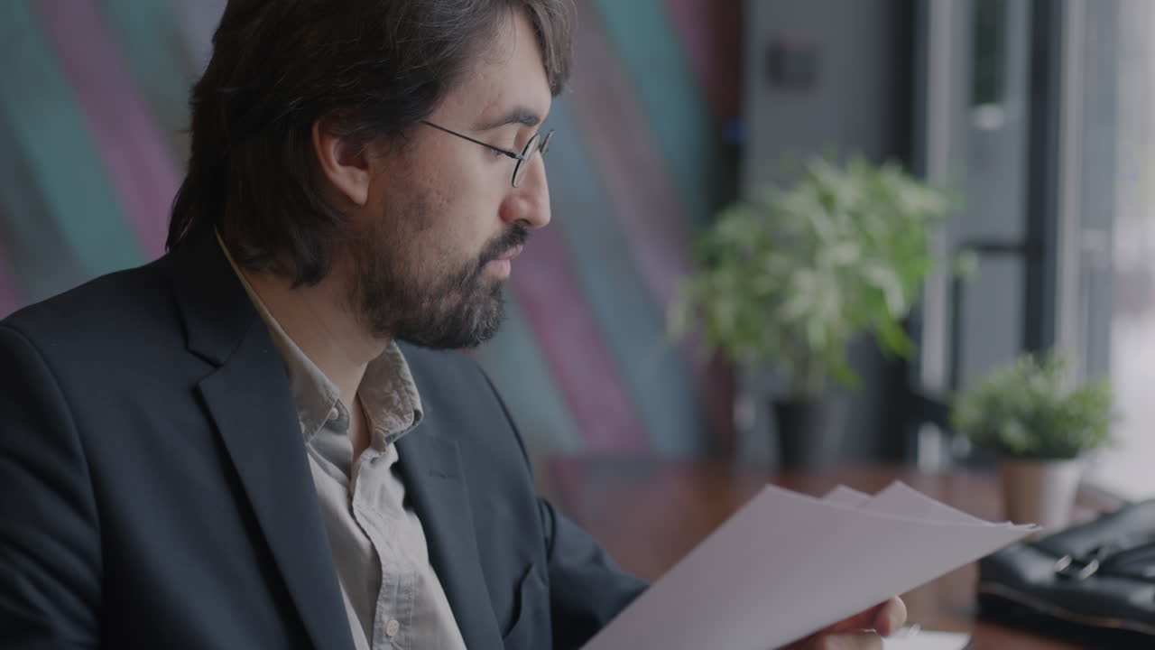 Businessman Reading Documents in a Cafe