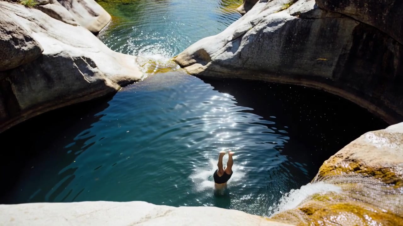 Un uomo si lancia da una sporgenza rocciosa, ruotando mentre si tuffa in una pozza naturale all'interno di una gola, con indosso un costume da bagno nero.