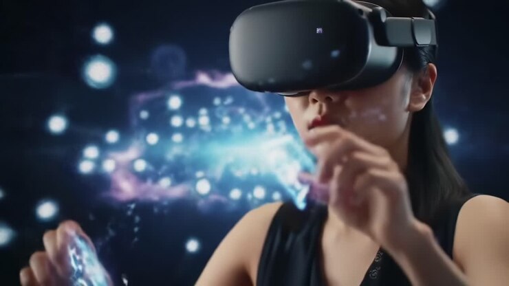 Esplorando i regni sconfinati della realtà virtuale: un utente impegnato con tecnologia immersiva e interazioni digitali attraverso un'esperienza con visore VR all'avanguardia.
